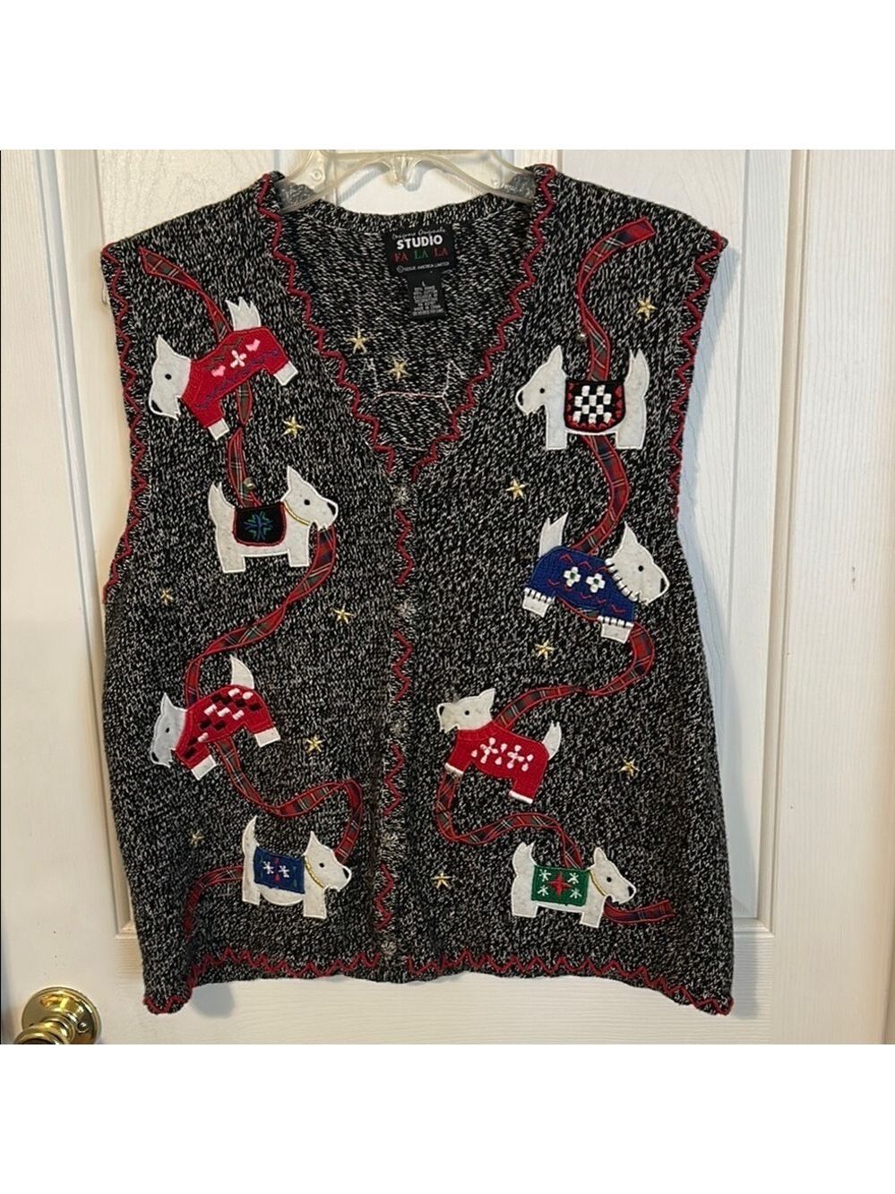 Studio Fa La La Black Knit Christmas Vest with Dog Pattern, size L.
